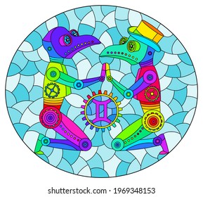 Illustration in the style of a stained glass window with an illustration of the steam punk sign of the Gemini horoscope, oval image