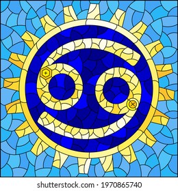 Illustration in the style of a stained glass window with an illustration of the steam punk sign of the Cancer horoscope