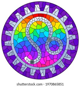 Illustration in the style of a stained glass window with an illustration of the steam punk sign of the Leo horoscope, round image