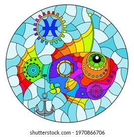 Illustration in the style of a stained glass window with an illustration of the steam punk rainbow sign of the horoscope pisces, oval image
