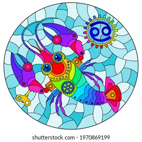 Illustration in the style of a stained glass window with an illustration of the steam punk sign of the horoscope Cancer, oval image