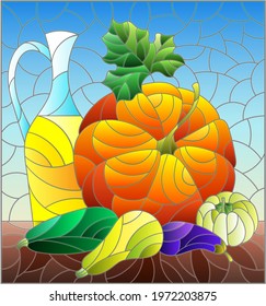 Illustration in the style of a stained glass window with a vegetable still life, vegetables on a blue background, rectangular image