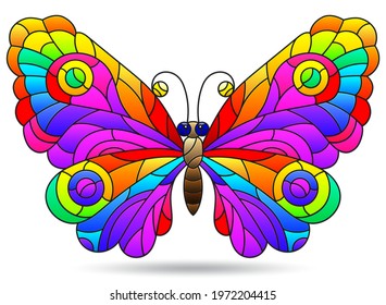 Illustration in the style of a stained glass window with a bright butterfly, an animal isolated on a white background