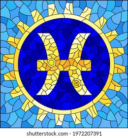 Illustration in the style of a stained glass window with an illustration of the steam punk sign of the pisces horoscope