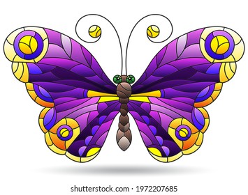 Illustration in the style of a stained glass window with a bright butterfly, an animal isolated on a white background