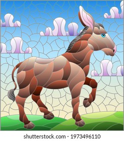 Illustration in the style of a stained glass window with a funny donkey on a background of meadows and a blue cloudy sky