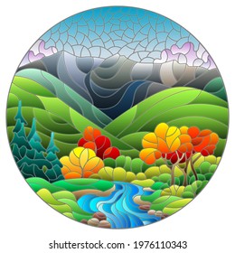 Illustration in the style of a stained glass window with an autumn landscape, a stream, trees and bushes against the background of mountains and the sky