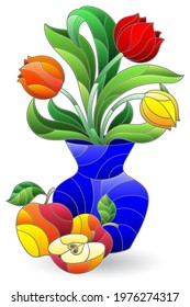 Illustration in the style of a stained glass window with a floral still life, a bouquet in a vase and fruit isolated on a white background