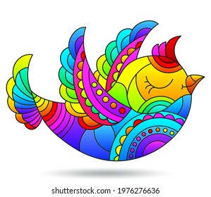 Illustration in the style of a stained glass window with a bright bird, an animal isolated on a white background
