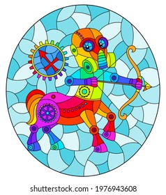 Illustration in the style of a stained glass window with an illustration of the steam punk sign of the horoscope Sagittarius, oval image