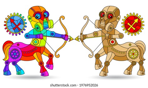 Illustration in the style of a stained glass window with a set of zodiac signs Sagittarius, figures isolated on a white background