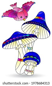 Illustration in the style of a stained glass window with a composition of mushrooms and a bird, plants isolated on a white background