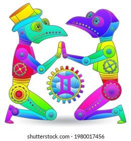 Illustration in the style of a stained glass window with a of zodiac signs gemini, figures isolated on a white background