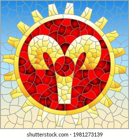 Illustration in the style of a stained glass window with an illustration of the steam punk sign of the aries horoscope