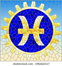 Illustration in the style of a stained glass window with an illustration of the steam punk sign of the pisces horoscope