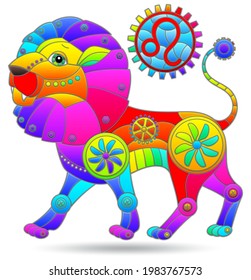 Illustration in the style of a stained glass window with a  zodiac sign leo, figure isolated on a white background