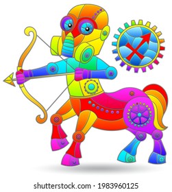 Illustration in the style of a stained glass window with a zodiac signs Sagittarius, figure isolated on a white background