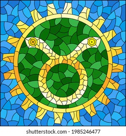 Illustration in the style of a stained glass window with an illustration of the steam punk sign of the horoscope Taurus