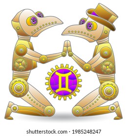Illustration in the style of a stained glass window with a of zodiac signs gemini, figures isolated on a white background