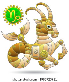 Illustration in the style of a stained glass window with a zodiac signs Capricorn, figure isolated on a white background