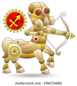 Illustration in the style of a stained glass window with a zodiac signs Sagittarius, figure isolated on a white background