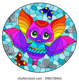 Illustration in the style of a stained glass window with a cute cartoon rainbow bat, an animal on the background of a cloudy sky, oval image