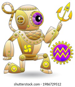 Illustration in the style of a stained glass window with a zodiac signs Aquarius, figure isolated on a white background