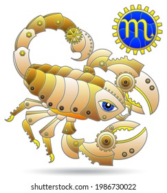 Illustration in the style of a stained glass window with a zodiac signs scorpio, figure isolated on a white background