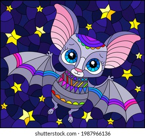 Illustration in the style of a stained glass window with a cute cartoon bat, an animal on the background of a starru night sky