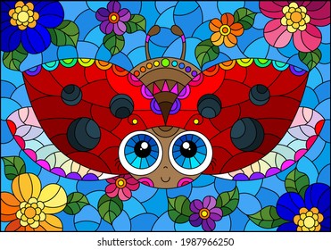 Illustration in the style of a stained glass window with a cute cartoon ladybug on a background of flowers and sky