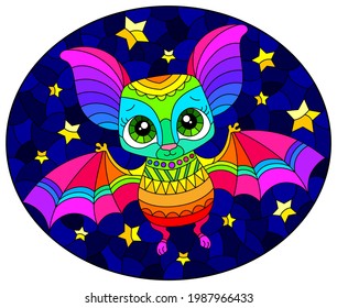 Illustration in the style of a stained glass window with a cute cartoon rainbow bat, an animal on the background of a starry night sky, oval image