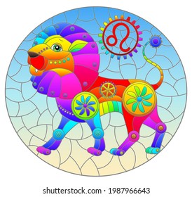Illustration in the style of a stained glass window with an illustration of the steam punk sign of the horoscope leo, oval image