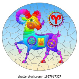 Illustration in the style of a stained glass window with an illustration of the steam punk sign of the horoscope aries, oval image