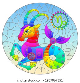 Illustration in the style of a stained glass window with an illustration of the steam punk sign of the horoscope Capricorn, oval image