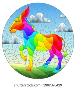 Illustration in the style of a stained glass window with a funny rainbow donkey on a background of meadows and a blue cloudy sky, oval image