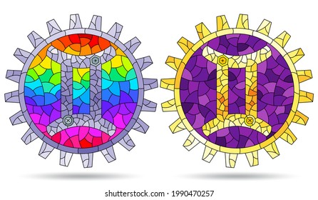 Illustration in the style of a stained glass window with a set of zodiac signs gemini, figures isolated on a white background