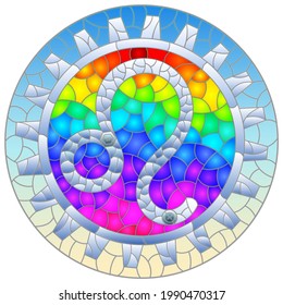 Illustration in the style of a stained glass window with an illustration of the steam punk sign of the Leo horoscope, round image