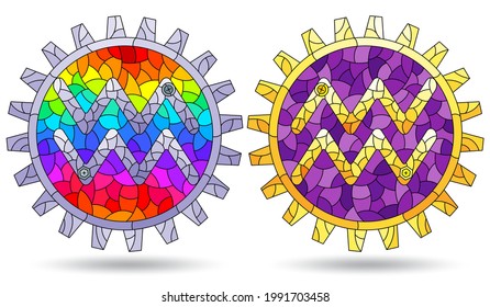 Illustration in the style of a stained glass window with a set of zodiac signs Aquarius, figures isolated on a white background