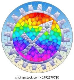 Illustration in the style of a stained glass window with an illustration of the steam punk sign of the horoscope Sagittarius, round image