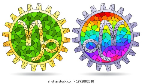 Illustration in the style of a stained glass window with a set of zodiac signs Capricorn, figures isolated on a white background