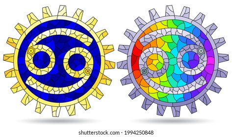 Illustration in the style of a stained glass window with a set of zodiac signs cancer, figures isolated on a white background