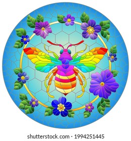 Illustration in the style of a stained glass window with a rainbow bee in a circle on a background of honeycombs and bright flowers, round image