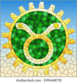 Illustration in the style of a stained glass window with an illustration of the steam punk sign of the horoscope Taurus
