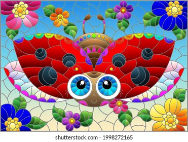 Illustration in the style of a stained glass window with a cute cartoon ladybug on a background of flowers and sky