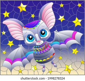 Illustration in the style of a stained glass window with a cute cartoon bat, an animal on the background of a starru night sky