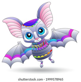 An illustration in the style of a stained glass window with a bright cartoon bat, the animal is isolated on a white background