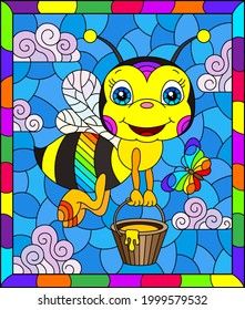 An illustration in the style of a stained glass window with a cute cartoon bee on a blue sky background, a rectangular image in a bright frame
