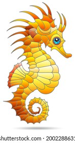 An illustration in the style of a stained glass window with a bright seahorse, an animal isolated on a white background