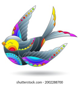 An illustration in the style of a stained glass window with a bright swallow, an animal isolated on a white background