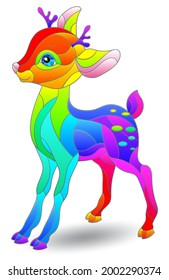 An illustration in the style of a stained glass window with a bright fawn, an animal isolated on a white background